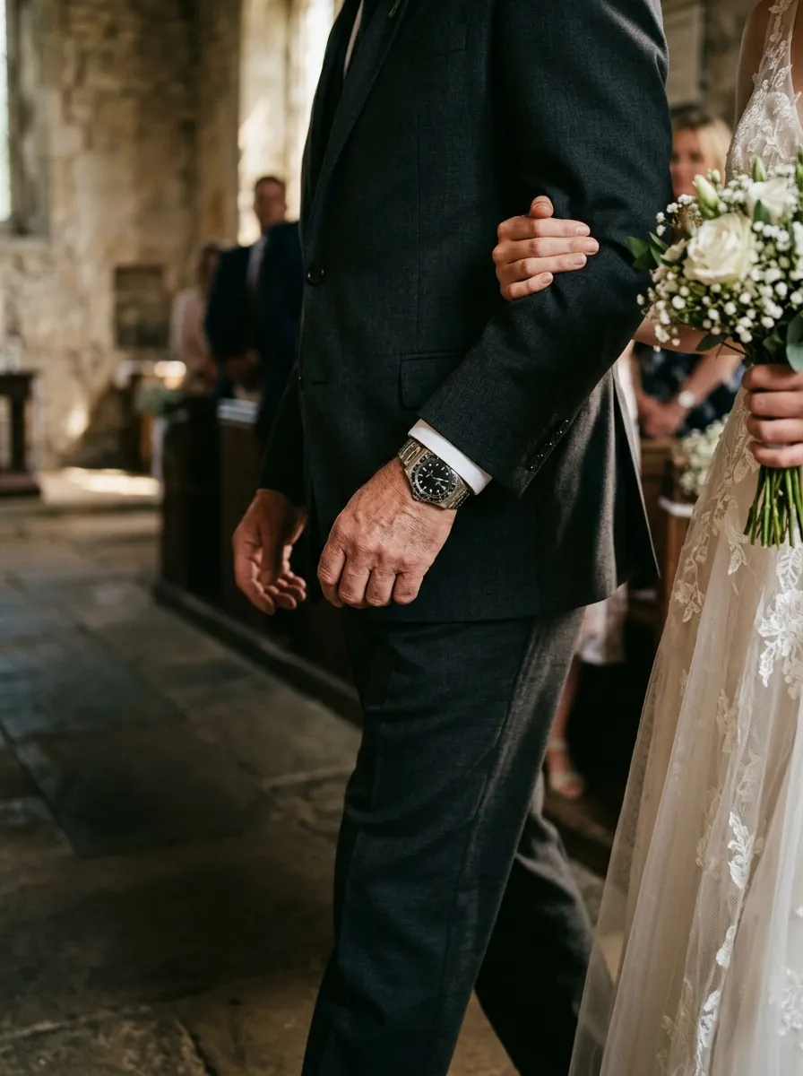Un padre con traje lleva a su hija al altar, con un reloj de acero vintage en la muñeca