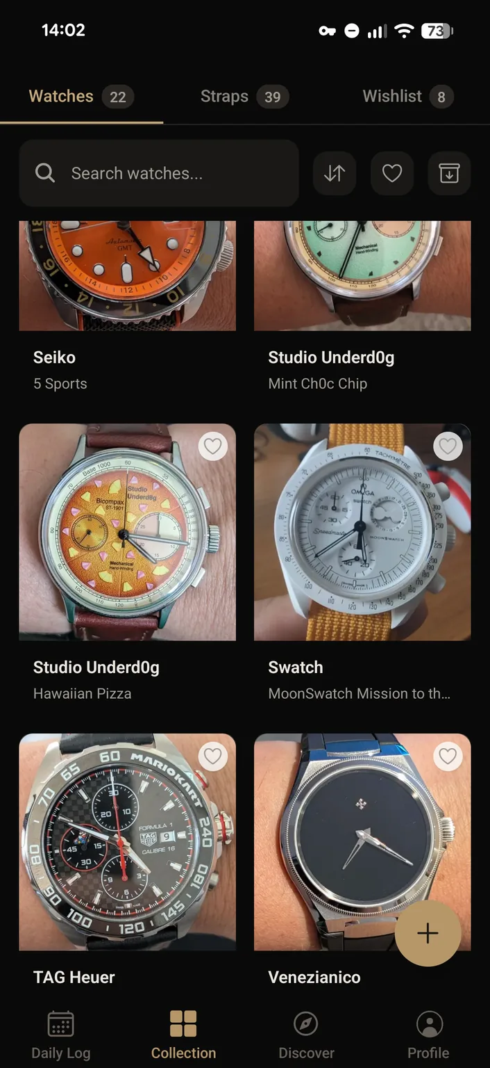 Colección de WristLog.app en cuadrícula, con la foto de cada reloj
